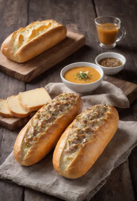 French bread with meat and cheese, onion and gravy