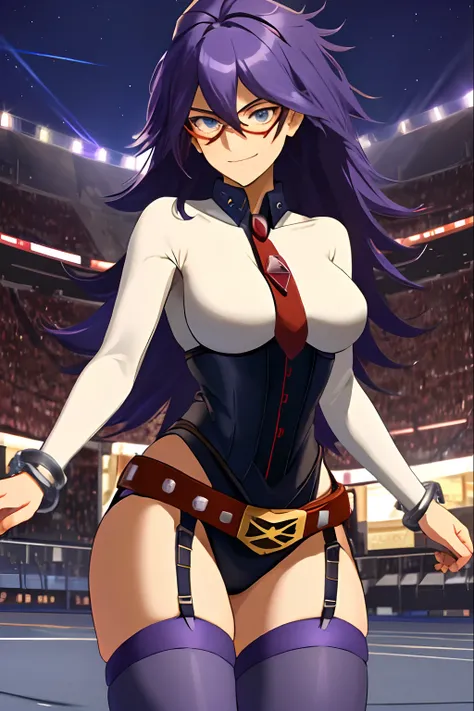 (extremely detailed CG unity 8k wallpaper), masterpiece, (best quality), (ultra-detailed), (best illustration), (best shadow), stadium, night, moonlight. 1girl, midnightmha, boku no hero academiam, purple hair, very long hair, blue eyes, large breasts, col...