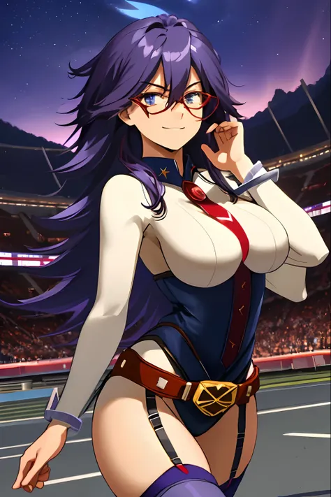 (extremely detailed CG unity 8k wallpaper), masterpiece, (best quality), (ultra-detailed), (best illustration), (best shadow), stadium, night, moonlight. 1girl, midnightmha, boku no hero academiam, purple hair, very long hair, blue eyes, large breasts, col...