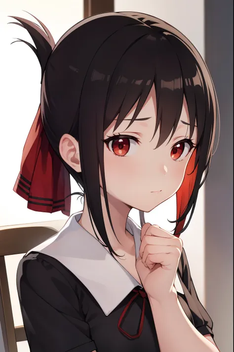 kaguyashinomiya, kaguya shinomiya, folded ponytail, forehead, hair ribbon, (red eyes:1.5), red ribbon, ribbon, short hair, sidel...