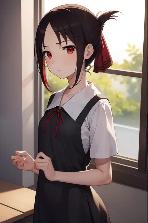 kaguyashinomiya, kaguya shinomiya, folded ponytail, forehead, hair ribbon, (red eyes:1.5), red ribbon, ribbon, short hair, sidel...