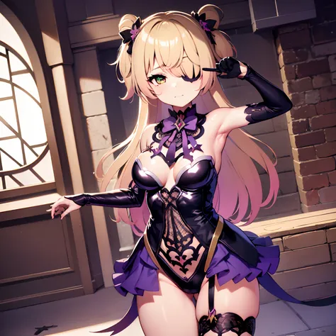 (1 girl, solo, Fischl), pink eyes, blonde hair with purple tips, black legwear, partially naked, tempting outfit, tattoo marks on body, magical girl uniform, wings, mouth open, looking at viewer, eyes wide open, confused expression