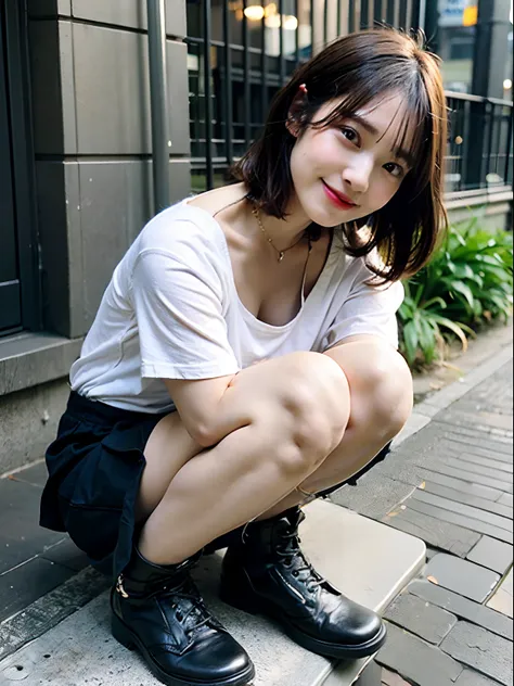 (leaning-forward:1.3)、(oversize tshirt、Loose-fitting T-shirt、Low Cut T-Shirt:1.5)、Erotic, hair wavy, Black pleats skirt, black shoes,swim wears, Very pretty girl、a beauty girl、crouching down、Bright smile、outside of house、shinny skin、blurry backround、short-...