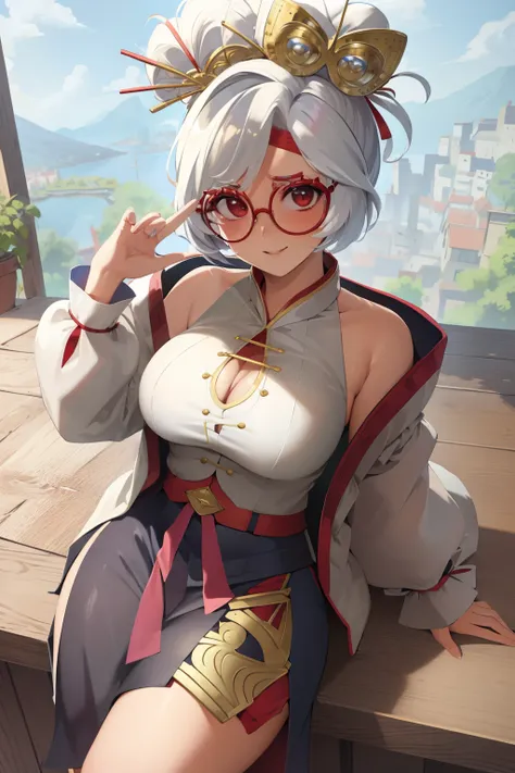 masterpiece, best quality, purah, seductive, red glasses, hair ornament, white jacket, sleeveless shirt, black skirt, upper body, from above, looking at viewer, smile, furrowed brow, rustic village