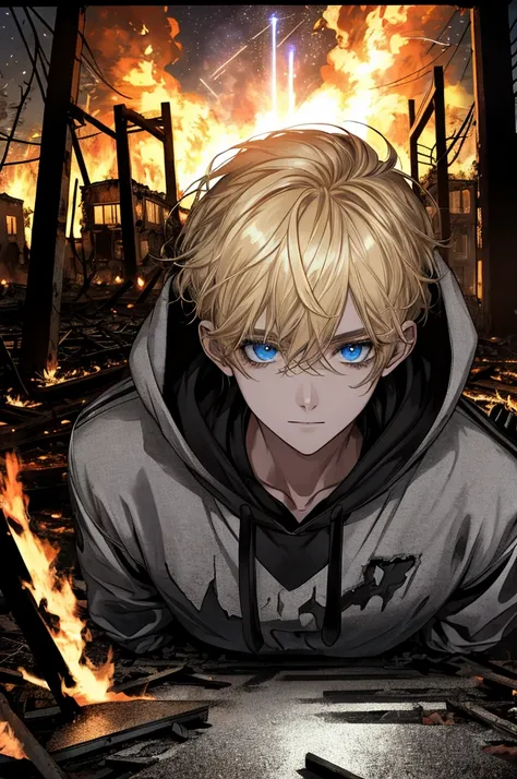 Masterpiece, High quality, absurderes, of a guy, Blonde hair, Detailed eyes and face, Blue eyes, Handsome face, Black hoodie, Burning town ruins, Abandoned suburban town, meteor shower, At night, chaos, Panic, Apocalyptic atmosphere, There were fires every...