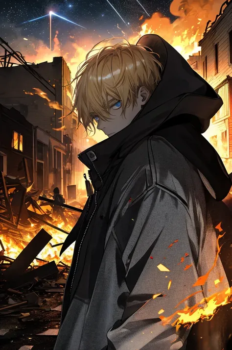 Masterpiece, High quality, absurderes, of a guy, Blonde hair, Detailed eyes and face, Blue eyes, Handsome face, Black hoodie, Burning town ruins, Abandoned suburban town, meteor shower, At night, chaos, Panic, Apocalyptic atmosphere, There were fires every...