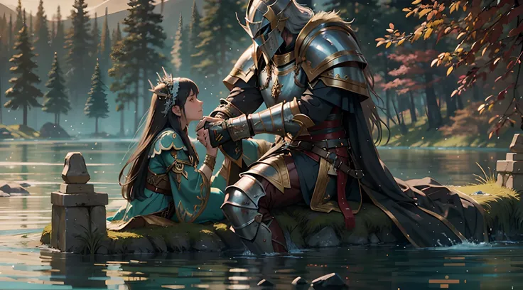 a fully plated fantasy paladin kneels down over a lake at which a fair lady of the lake swim, shes halfdeep in the water leaning her face on her hand while looking up talking to the knight, shes calm and relaxed while telling him a gripping story of heroes...