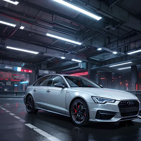 A detailed Audi A6,Cyberpunk-city，Complex lighting