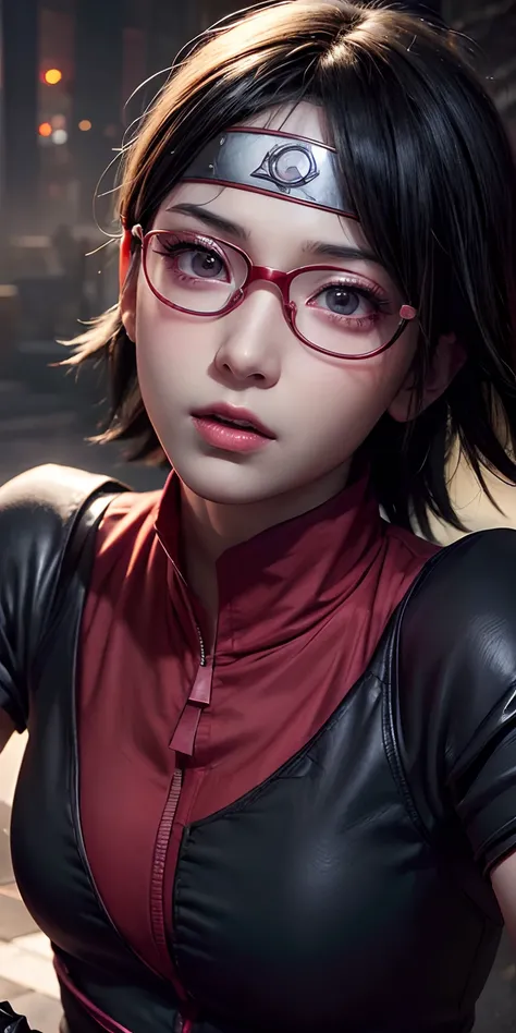 (best quality, high-res, realistic:1.2), Sarada Uchiha, short hair, detailed eyes, detailed lips, glasses, vibrant colors, dynamic pose, mid-action, Uchiha crest, sharingan activated, intense lighting, anime style