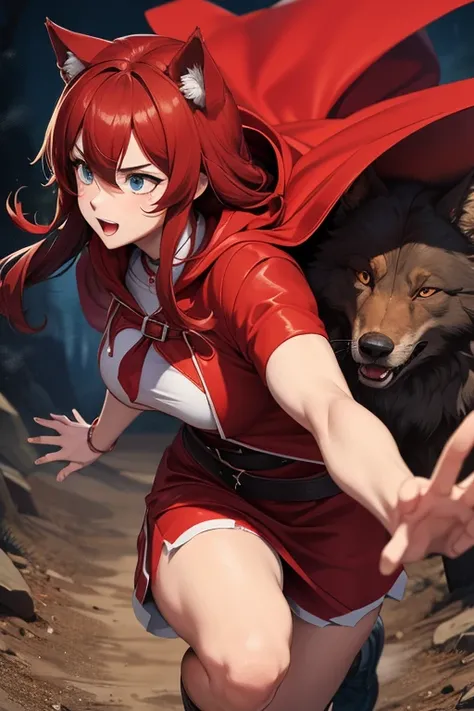 Big wolf running with Little Red Riding Hood on his back