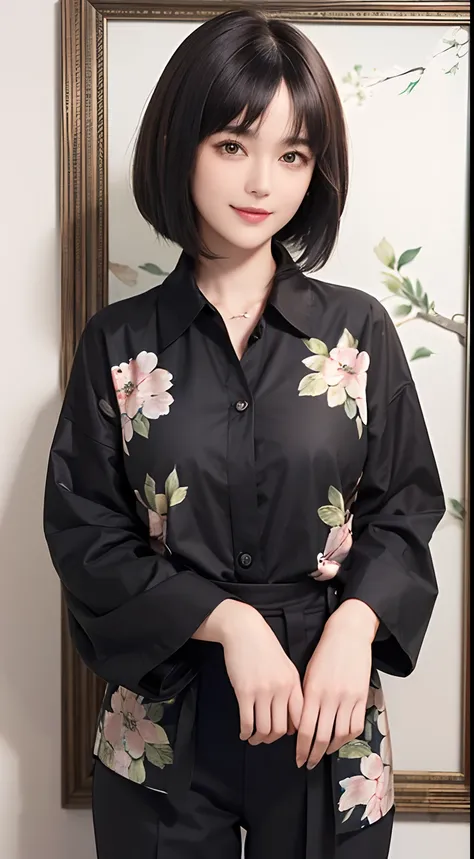 92
(a 20 yo woman,is standing), (A hyper-realistic), (masutepiece), ((short-hair:1.46)), (Smooth black hair), (Breast:1.0), wear long pants, (Wearing a long-sleeved shirt with a floral print), (painterly、picture frame), (kindly smile), (Keep your mouth shu...