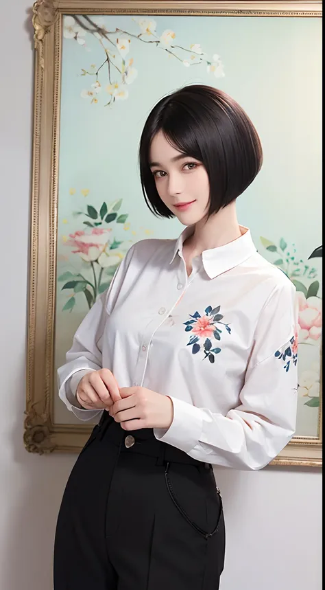 92
(a 20 yo woman,is standing), (A hyper-realistic), (masutepiece), ((short-hair:1.46)), (Smooth black hair), (Breast:1.0), wear long pants, (Wearing a long-sleeved shirt with a floral print), (painterly、picture frame), (kindly smile), (Keep your mouth shu...