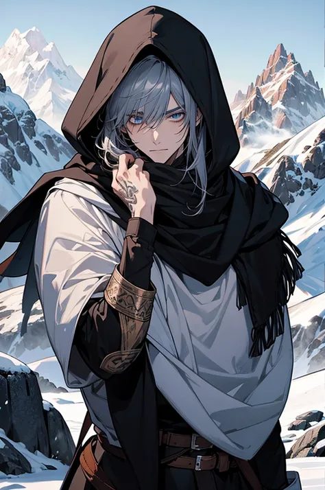 Male, Silky straight hair，By bangs, Black hair, blue gray eyes, Beautiful, Tattoos, Hooded scarf, Rogue mage, medieval fantasy，mountain peaks，snowy day，