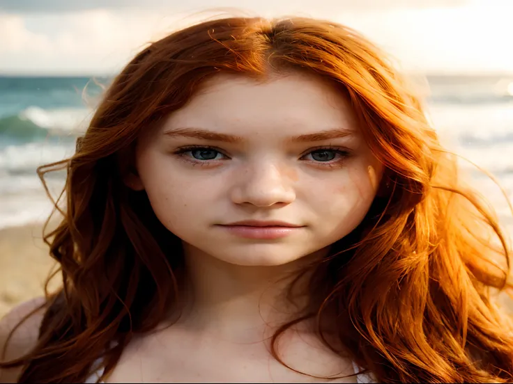 One girl, 13 years old, young teenager, ginger hair, curly ginger hair,