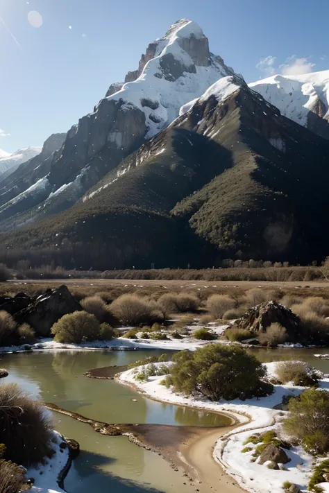 Snowy Mountains, utopian Swamp, Jungle, Water, Small island, realistic, solid ground area in lower part of picture, lower quarter of picture is solid sand without any spaces in it