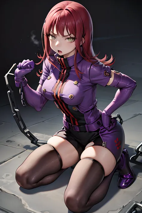 masutepiece, Best Quality, absurderes, Perfect Anatomy, 1girl in, Solo, Yoko Katori, Long hair, purple thighhighs, elbow groves, Purple gloves, Black shorts, uniform, thigh holster, Kneeling, embarassed expression、((Caught in chains))