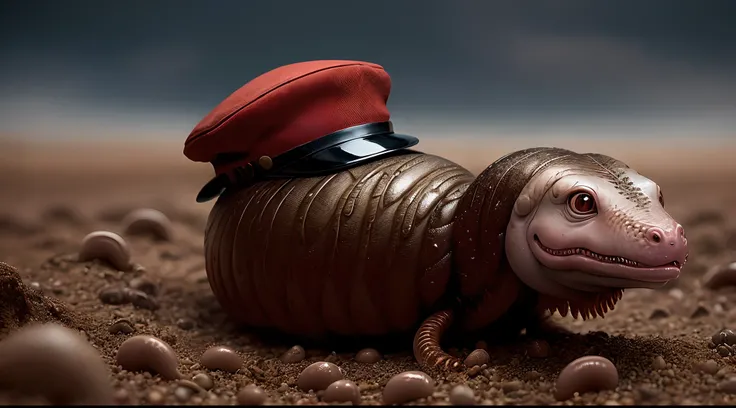 Earthworm wearing a British military cap