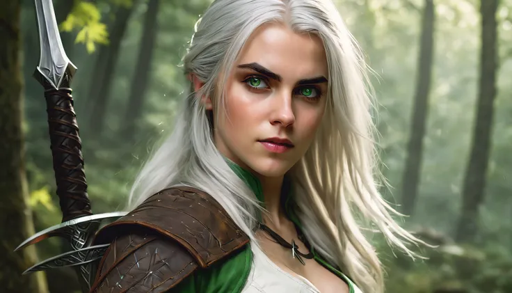 (best quality,highres,realistic:1.37),portrait,character design,fantasy,Ciri,the Witcher,green eyes,detailed eyes and face,long flowing hair,silver sword in her hand,determined expression,elven-like beauty,mysterious background,medieval setting,soft lighti...