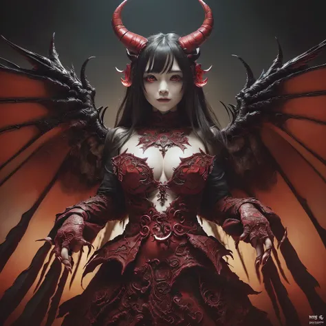 (((masutepiece、top-quality)))、((((eyes glowing red,Glowing red eyes,Glowing red eyes))))、((A very terrifying demon queen,Final form as a complete demon,The Devils Masterpiece,demon king,The most dignified demon,Intricate and solemn dresses,Complex and maje...