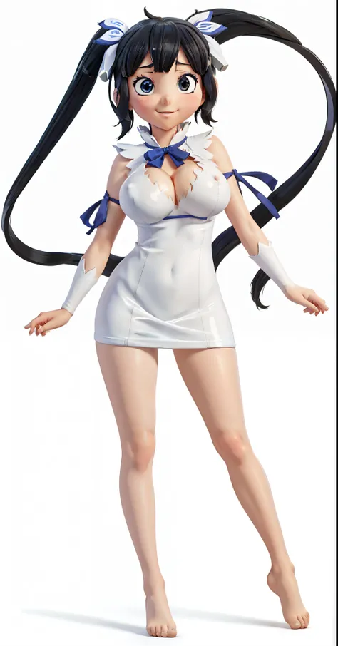 anime character of a woman in a short dress with a long hair, Hestia from Danmachi, anime girl named Hestia, female anime character, Hestia Danmachi anime, Blue bows, blue bow tie, bare legs, no shoes, feet, waving, anime woman fullbody art, female action ...