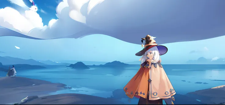 Theres a man standing, sky witch, Horizonte, Themed robes and hat, renderizado em unrealengine, (octan render) estilo fantasia, character with a hat, bunny mask, garota anime com cabelo curto