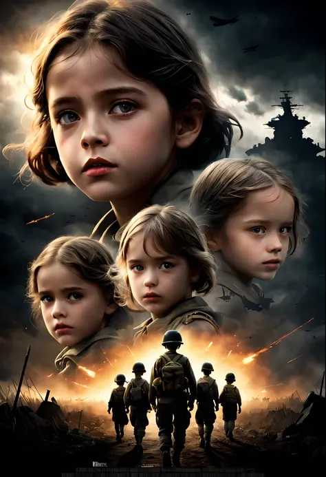 cinematic ligh《Children in the war》poster for, title, and credits, A high resolution, Ultra-detailed, Vivid colors, Dramatic lighting, Realistic, sportrait, Bokeh, Cinematic, CreativeDesign, Intense atmosphere, Dark background, suspenseful, shadowy figures...