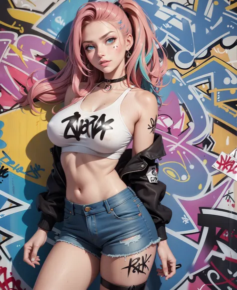 8k uhd,(best quality:1.2),(masterpiece:1.2),perfect eyes,very detailed,beautiful 18 year old fergie,solo,huge round breasts,crop top,denim shorts,choker,(graffiti:1.5),paint splatter,arms behind back,against wall,looking at viewer,armband,thigh strap,paint...