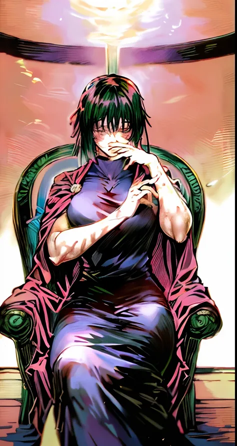 makizenin, Personaje de anime sentado en una silla con una capa rosa, Misato Katsuragi, escaneo de manga coloreado, Rei Hiroe Black Lagoon manga, en jojos bizarre adventure, coloreado digitalmente, Retrato del destino de Sandman, inspirado por Kusumi Morik...