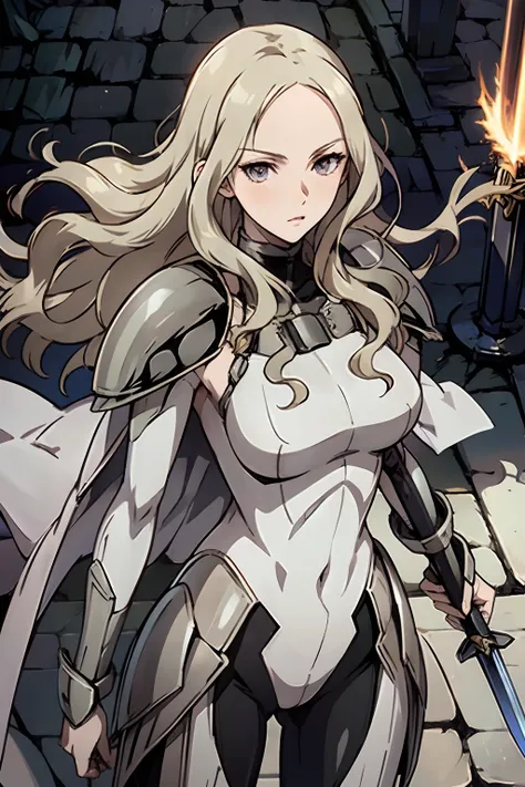 (grey eyes:1.2),fighting stance,weapon, large_long_sword,armor,cape,shoulder armor,bodysuit,dajianteresa,wavy hair,pale skin,loo...