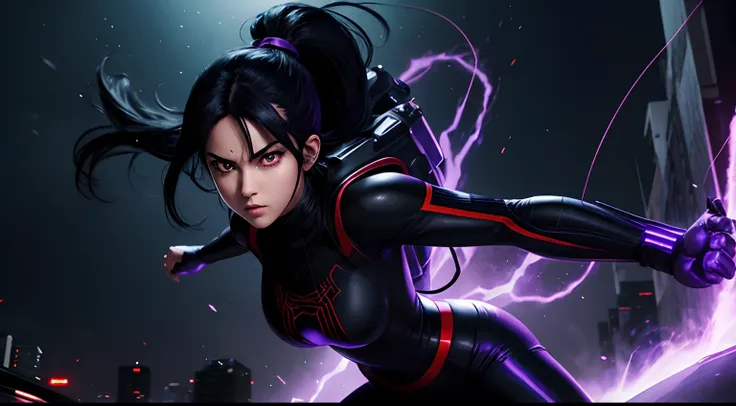 bulma  with purple glowing eyes and dark black hair, wearing a black fire spider man suits, action pose  ,character, anime artstyle, 2D illustration digital