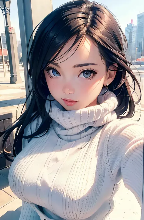 girl in winter clothes, top shot,((selfie)), random background, kiss, beautiful, medium breasts, flirtatious look, ((very detailed)), (perfectly detailed face), (well detailed hand), photorealistic image.