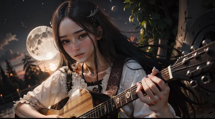 A woman with longhair,  playing acoustic guitar outdoor in full moon night ultra realistic 8k