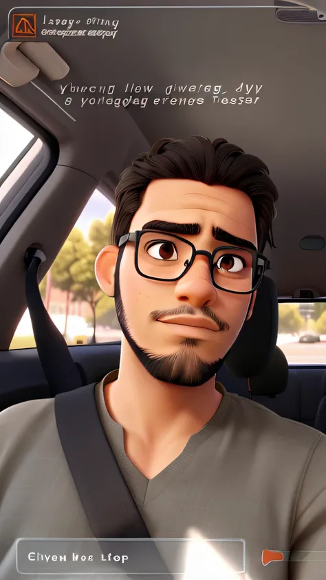 Young brown man, wearing glasses, shallow beard, black hair, serious look, with flashy lips, inside the car