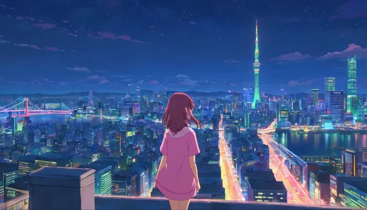 ​masterpiece、top-quality、ultra-detailliert、girl with、Her hair is pink and shoulder-length、The city of Tokyo、Night city、Makoto Shinkai landscape painting