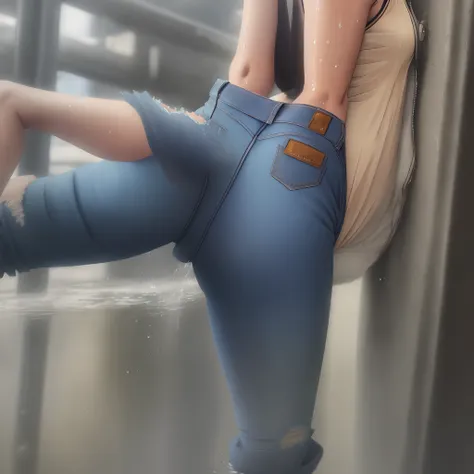 A girl wears one-piece jeans，Wet pants