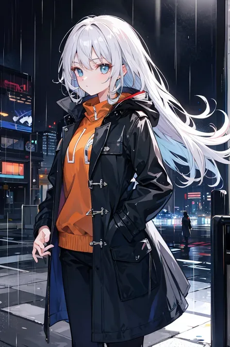 1girl, Night City, rain, coat, hands in pockets