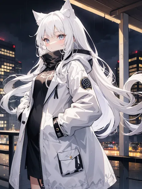 1 girl, Long Hair, White hair, cat ears, coat, rain, night city, hands in pocket