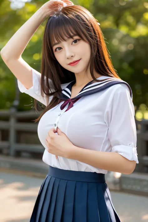 (Best Quality,8K,High resolution:1.2),(Beautiful realistic Japan person:1.6)、(cute Japanese girls:1.4),(Huge breasts:1.25),(Glamorous body),(School uniform,bra very,Pleated skirt,Sailor collar,white shirt:1.2)、17 age、Professional、(My dear woman、Joy of Lovi...