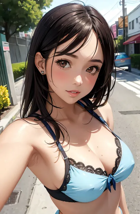 girl in summer clothes, top shot,((selfie)), brown eyes, random background, kiss, beautiful, medium breasts, flirtatious look, ((very detailed)), (perfectly detailed face), (well detailed hand), photorealistic image.