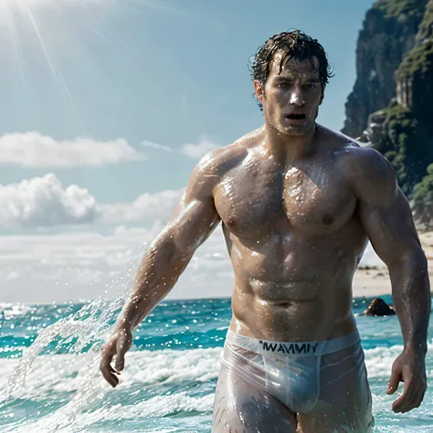 "Produce a maximum quality image with exceptional detail and a cinematic style that captures Henry Cavill on the beach, wearing a see-through white swim trunk, majestically emerging from the ocean waters, with wet skin, in see-through white swim trunks. Ma...