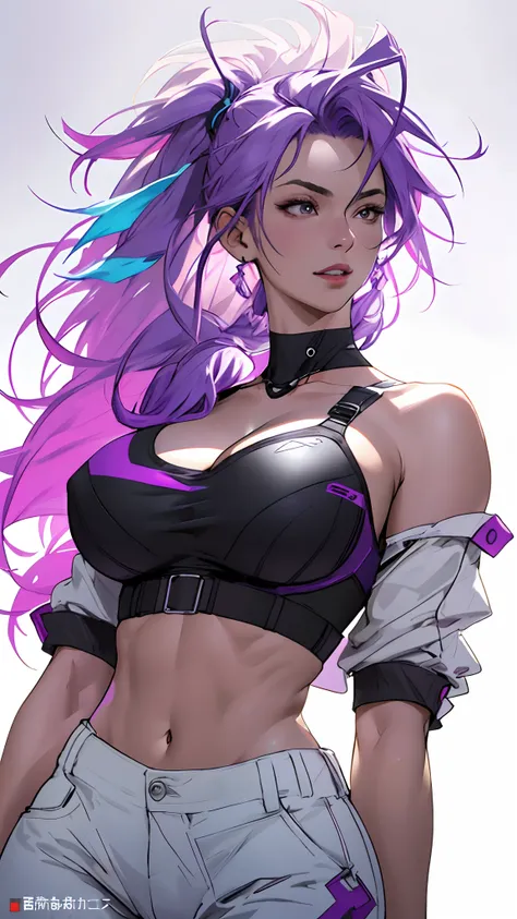 Masterwork, Best Quality, ultra-detailed, dynamic lighting, photo-realistic, a close up of a woman with a purple hair and a black bra top, huge breasts, sexy body, Curvy,