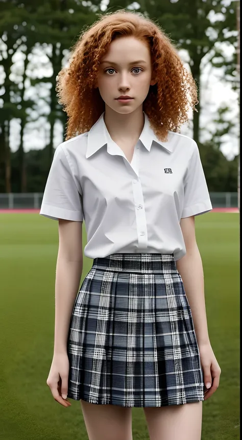 1girl in, age13, Solo, Aesthetic artwork, irish  redhead, curly ginger hair, shoulder length ginger hair, light grey eyes, some small freckles, pale skin, small breasts, runners body, fullbody shot, perfect tense, (textured skin, skin pores:1.1), (moles:0....