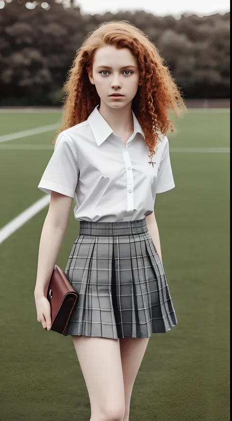 1girl in, age13, Solo, Aesthetic artwork, irish  redhead, curly ginger hair, shoulder length ginger hair, light grey eyes, some small freckles, pale skin, small breasts, runners body, fullbody shot, perfect tense, (textured skin, skin pores:1.1), (moles:0....