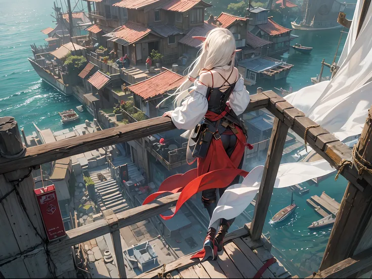 high elf secretary in fantasy black pants tied together and a white blouse combined with articles in red , as seen from above and behind in a third person style way, she is leaning over a balcony on the highest point of a high fantasy medieval shipyard, in...