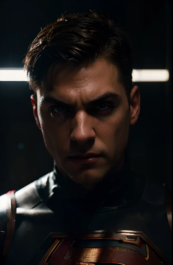 Superhero man, short hair, bloodshot eyes, angry, Hyperrealism, Futurism, Realism, reflection light, glowing light, sparkle, cinematic lighting, UHD, super detail, high details, high quality, highres, best quality, masterpiece