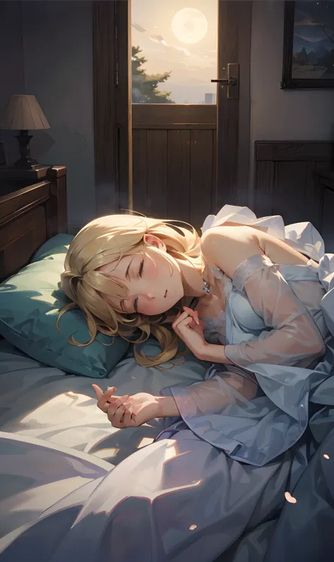 In a serene, Long blonde woman sleeping on bed in bedroom. Her eyes, Quietly closed, The air of silence in the room. Outside, From a nearby window, appearing。 (Night Moon), Painting the world with a gentle glow, Midnight Dawn. Inside, The room is dimly lit...