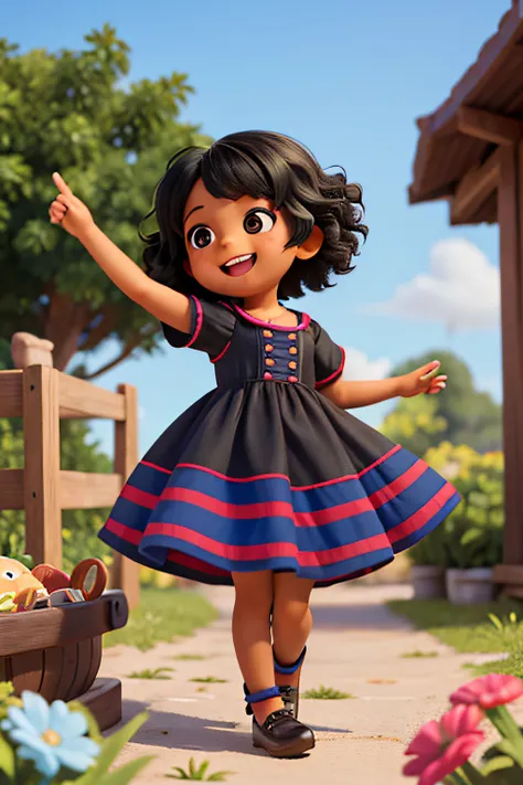 pequena joven exploradora fazendo varias poses e sorrindo , ETINIA NEGRA , Childrens book illustration style, Shes cute and shes 8 years old , her hair is black and VERY curly, The skin tone is dark black and she is wearing a shawted dress with red and blu...