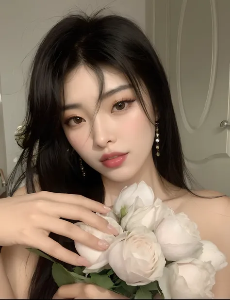 A closeup of a woman holding a bouquet of flowers, Ulzzang, Mulher sul-coreana bonita, maquiagem sul-coreana popular, menina coreana, maquiagem coreana popular, mulher coreana jovem bonita, linda mulher coreana jovem, beautiful aesthetic face, cruel korean...