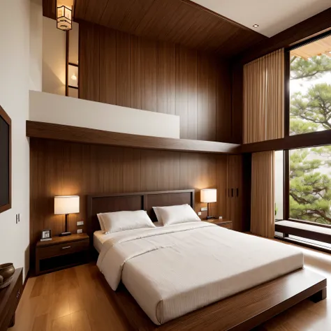 Bedroom
Style: Zen Retreat
Interior: The bedroom is a peaceful retreat with a neutral color palette and minimalistic furniture. Dark wood accents, such as a carved wooden headboard, evoke traditional Chinese craftsmanship.
Decor: Red bonsai trees on bedsid...