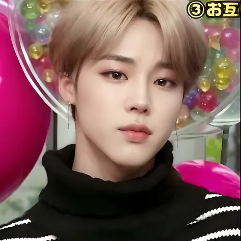 a close up of a person with a black shirt and a pink balloon, jimins plump lips, accurate jimin face, park jimin, jimin, jung jaehyun, jimins right eyelid swollen, jimins grecian nose, all from the group nct, yanjun chengt, kim doyoung, wan adorable korean...